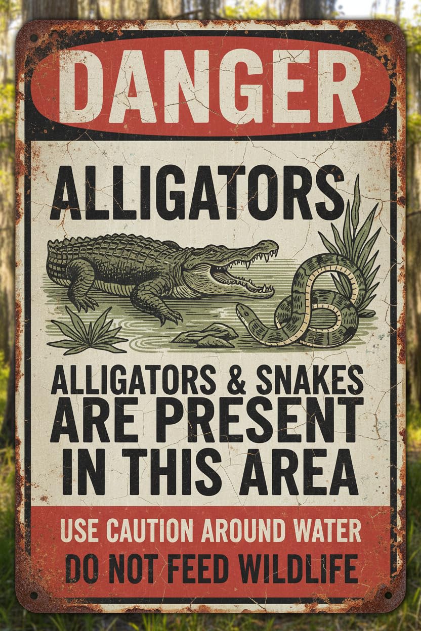 Wall Decor Danger Alligators & Snakes Are Present In This Area Sign. 8x12Inch Metal Vintage Signs Aluminum Plates Printed