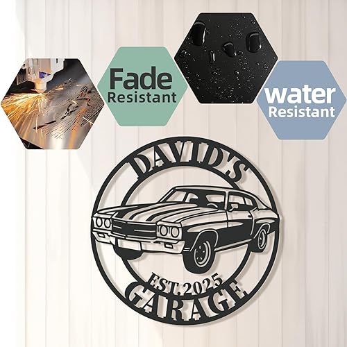 Miniatura 6 de Letrero de metal personalizado para garaje, arte de pared de hierro personalizado con diseño clásico de automóvil musculoso, decoración de metal