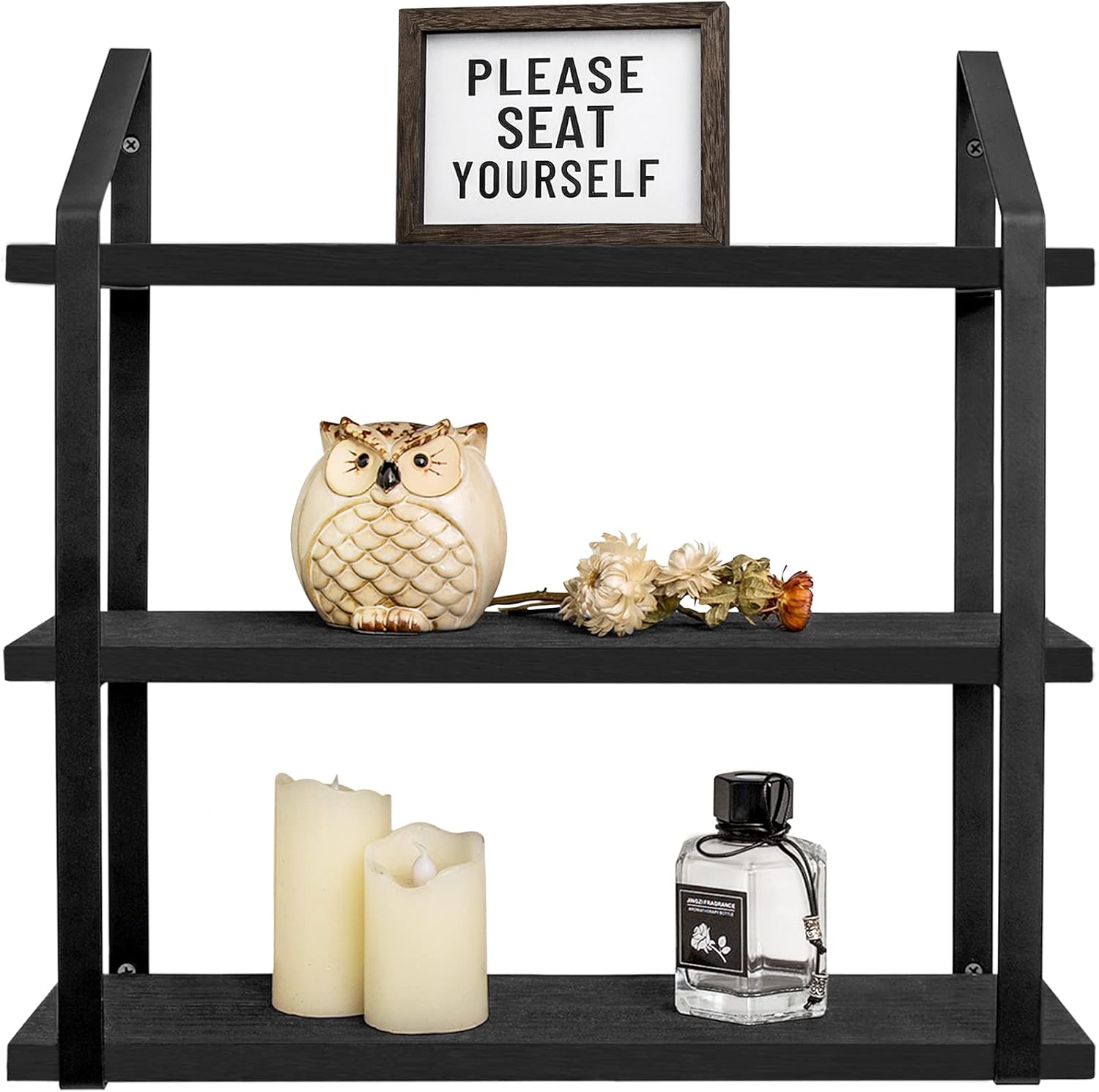 Mkono Floating Wall Shelves 3 Tier Rustic Hanging Shelf with Metal Bracket Wall Mount Wood Storage Display Shelves for Living Room Bathroom Bedroom Kitchen Office,Black Black 17"