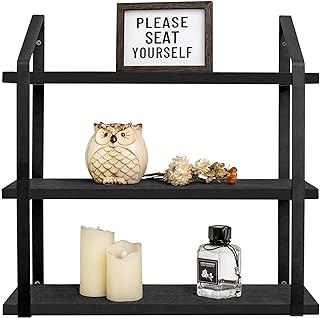 Mkono Floating Wall Shelves 3 Tier Rustic Hanging Shelf with Metal Bracket Wall Mount Wood Storage Display Shelves for Living Room Bathroom Bedroom Kitchen Office,Black