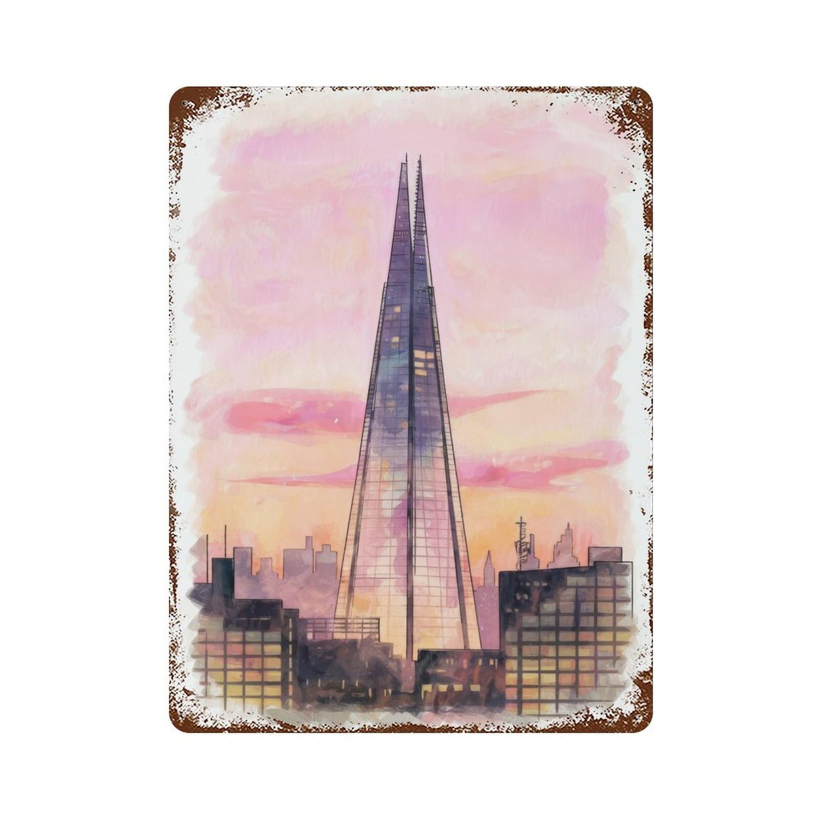 London Shard Watercolor Rusty Metal Tin Sign 15.7"x11.8", Ideal for Farmhouse, Kitchen And Entryway Decor