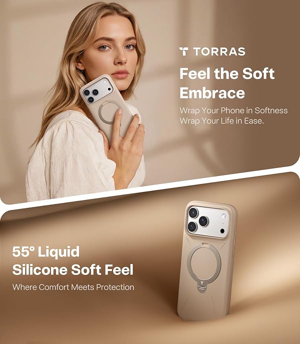 TORRAS Ostand Q3 Silicone for iPhone 17 Pro Max Case, Fit for MagSafe, 360 Spin Kickstand Holder, Soft Liquid Silicone Cozy Grip, Camera Control, Protective Case for iPhone 17 Pro Max, Dune Beige by TORRAS - Image 5