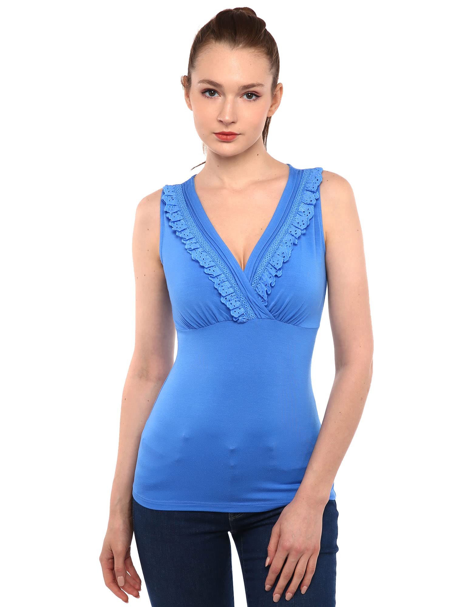 AmélieBoutik Women Crossover V Neck Lace Trim Sleeveless Blouse Tank Top, Blue, M