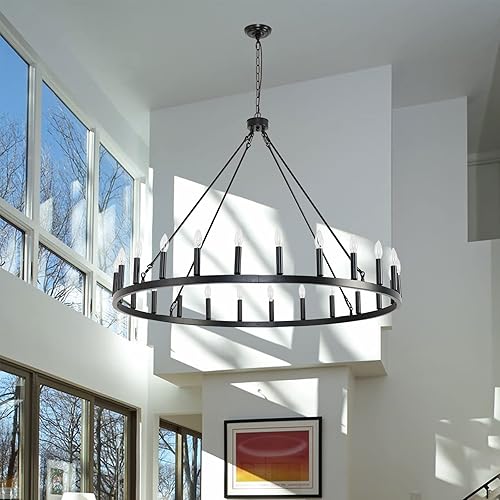 Vista 38 de Candelabro de iluminación de rueda de carro, 6 luces con pantalla de vidrio semillado, lámpara redonda de madera para cocina, isla de vestíbulo