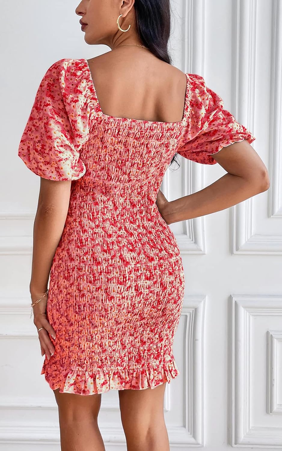 PRETTYGARDEN Women's 2025 Summer Floral Puff Sleeve Mini Dress Square Neck Ruffle Hem Bodycon Dresses Smocked Dress Women - Image 3