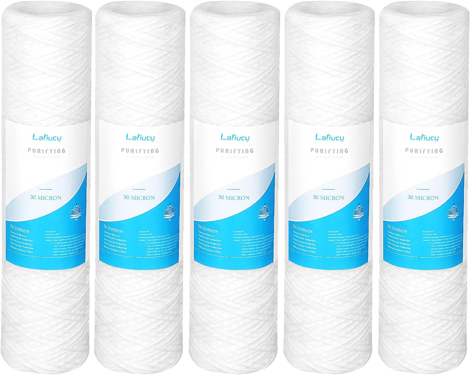 Lafiucy 30 Micron 10" x 2.5" String Wound Sediment Water Filter Cartridge,5 Pack