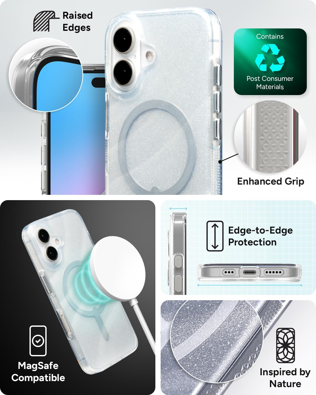ZAGG Milan Snap Case for iPhone 16 – White Glitter Swirl on Clear Base, MagSafe Compatible, 13ft Drop Protection, Recycled Materials, Slim & Stylish Design - Image 5