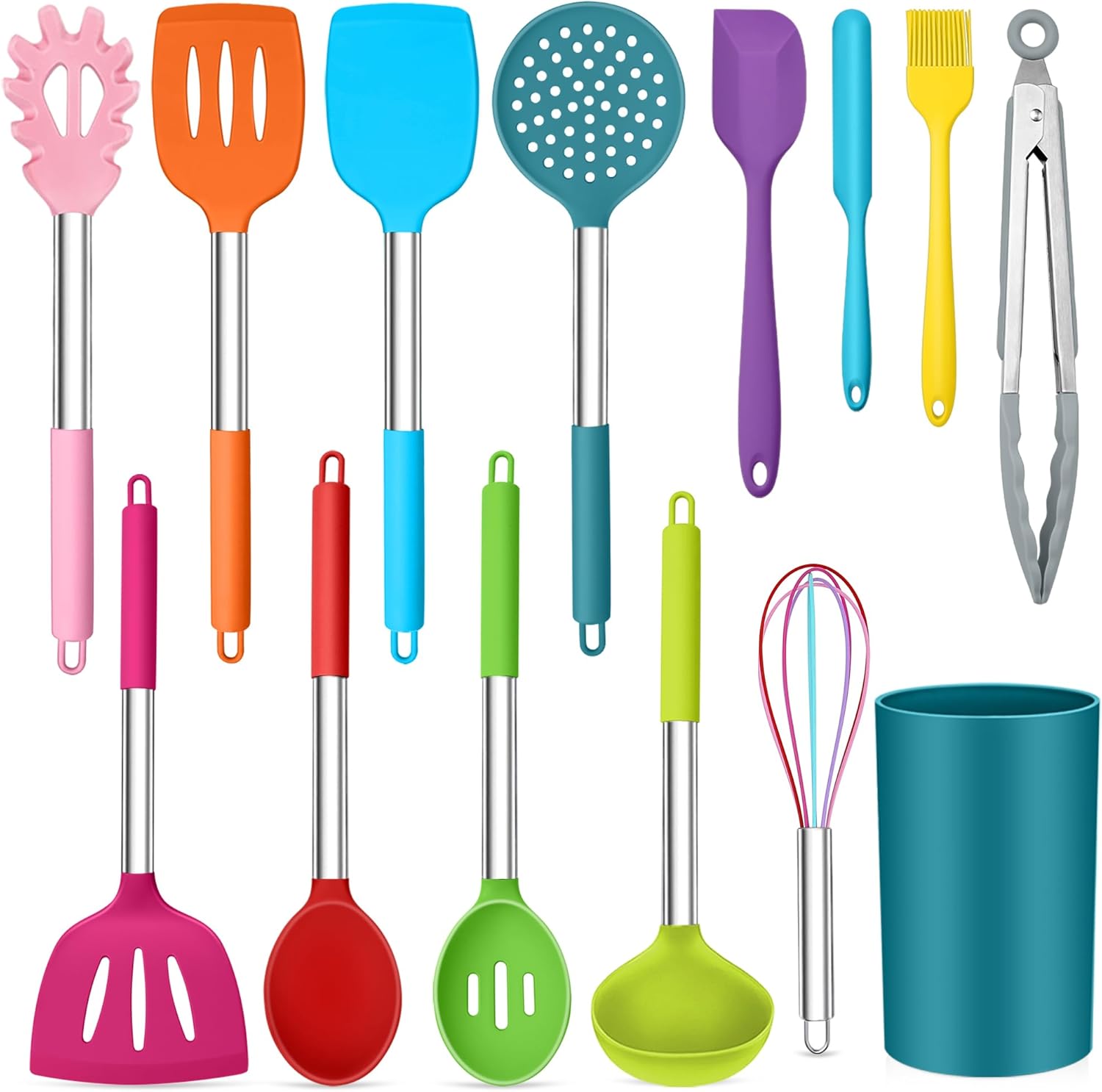 TeamFar 14 PCS Cooking Utensil Set, Silicone Kitchen Utensil Set with Stainless Steel Handle, Spatula/Spoon/Turner/Skimmer, Healthy & Heavy Duty, Heat-Resistant & Dishwasher Safe, Multi-Color
