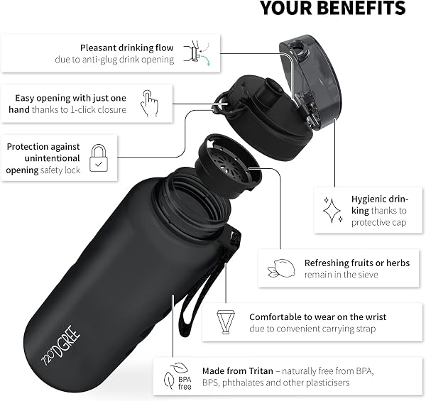 720°DGREE Botella uberBottle + colador – 350 ml, 500 ml, 650 ml, 1000 ml, 1,5 l, 2 l – Sin BPA – Botella de agua para deportes, escuela, niños, fitness, gimnasio, bicicleta, exterior – ligera - 2
