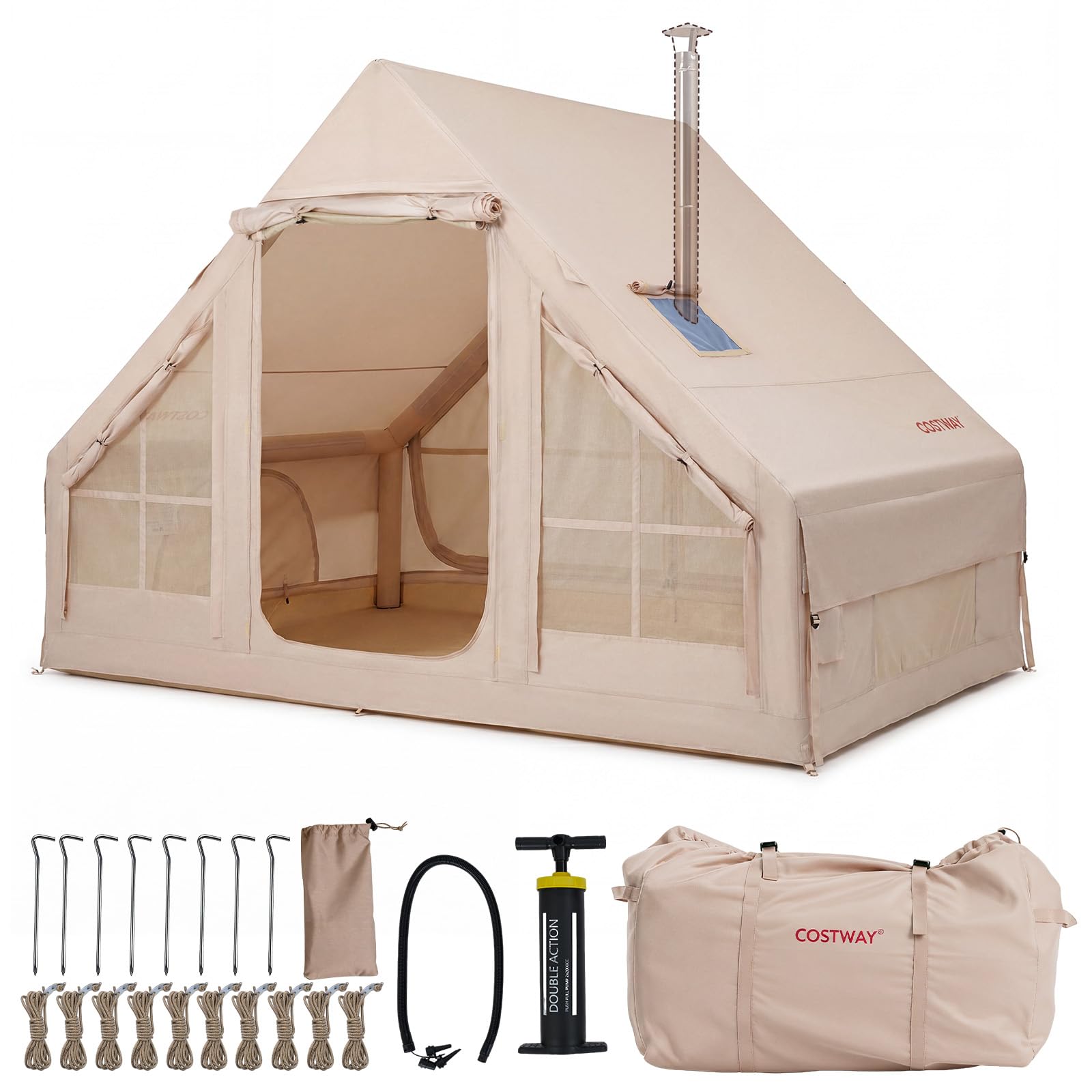 COSTWAY Aufblasbares Zelt 4 Personen, Campingzelt mit 2 Türen, Mesh-Fenstern & Kaminöffnung, Luftzelt mit Luftpumpe & Tragetasche, Glamping Zelt aus Oxford-Stoff für Familie & Outdoor Sport & Freizeit