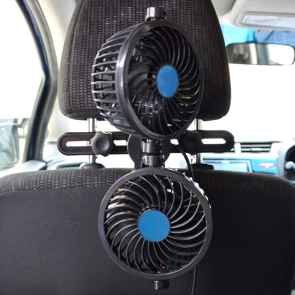 Amazon Deteker 車載扇風機 ツインカーファン 後部座席用 簡単装着 双頭 360 回転 風量2段階 車内扇風機 ヘッドレスト固定式 12 24v 2連シガーソケット車載充電器付き 4usbポート 4インチ ツインファン 車載用冷暖房器具 車 バイク