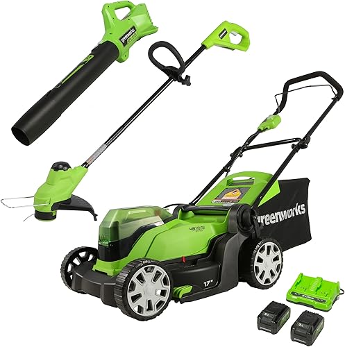 Greenworks Cortacésped eléctrico inalámbrico de 48 V y 17 pulgadas, soplador de hojas, recortadora de cuerdas, (2) baterías de 4.0 Ah y cargador