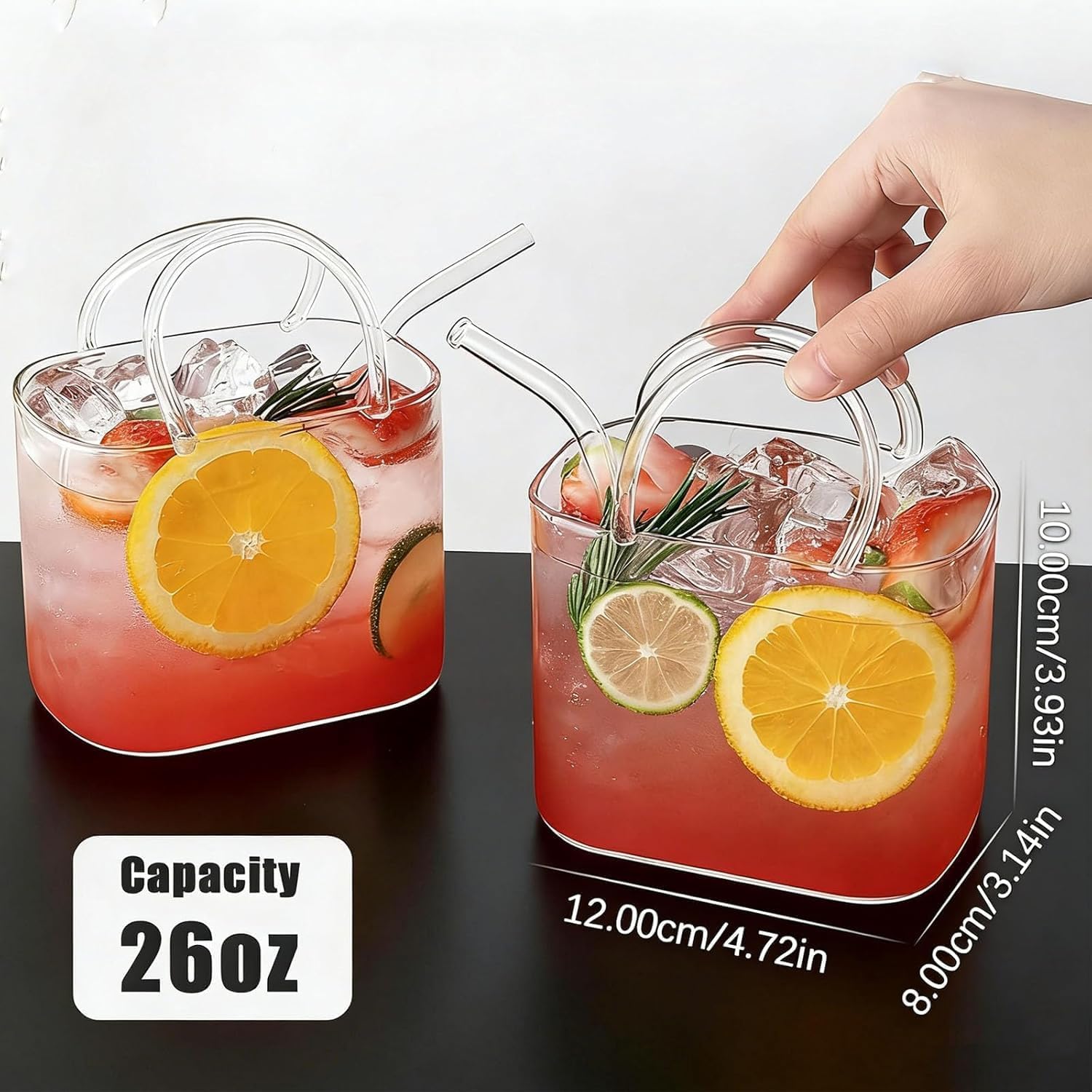 Glass Purse for Drinks (770ml/26oz), Unique Transparent Handbag Wine Glasses with Straw, Cute glass handbag vase for Room Decor, Reusable Glass Cup for Fruit Juice, Tea, Flowers (3 pcs)