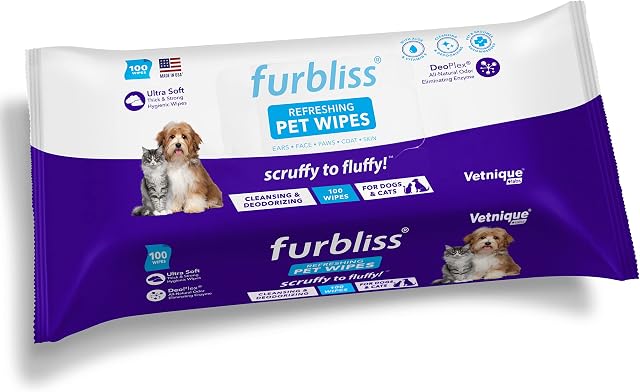 Furbliss Hygienic Pet Wipes for Dogs & Cats, Cleansing Grooming & Deodorizing Hypoallergenic Thick Wipes with All Natural Deoplex Deodorizer, Refreshing Scent - by Vetnique Labs (100ct)