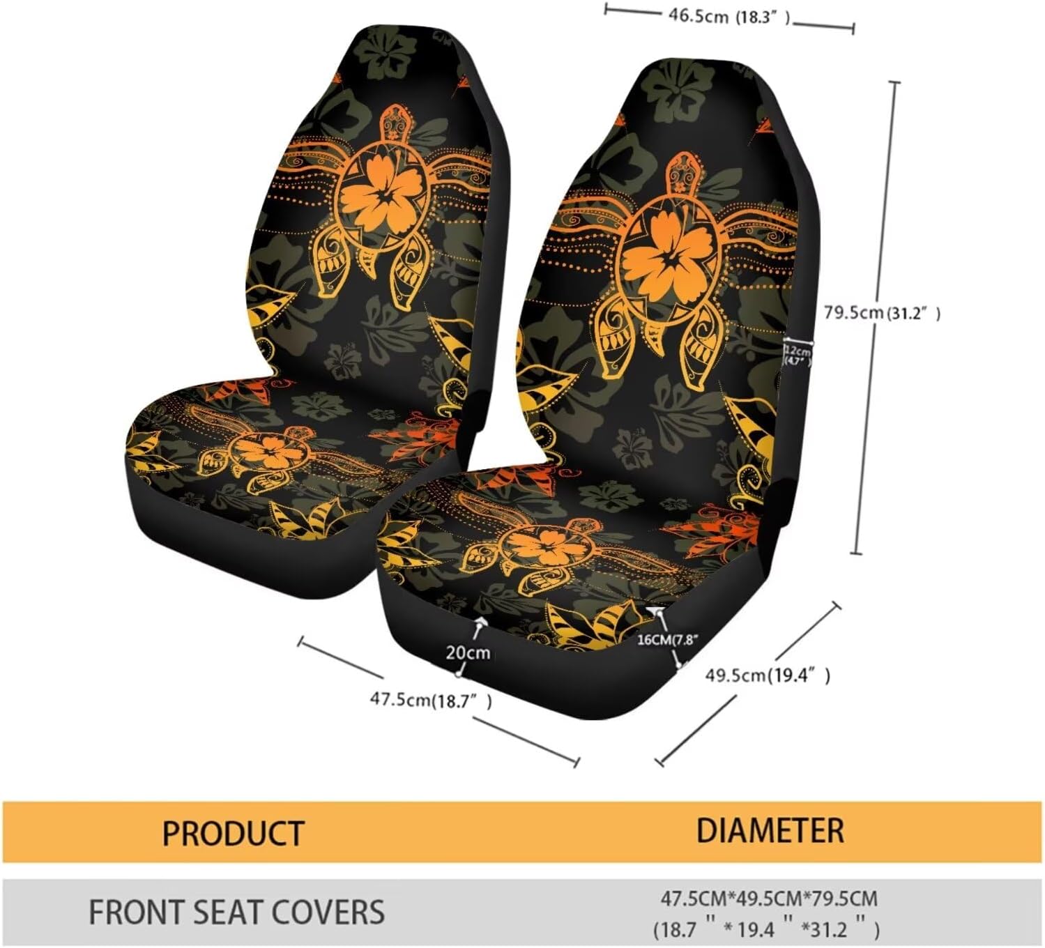 Orange Hibiscus Flower Sea Turtle Print Car Front Seat Cover Automotive Seat Covers 2 Pack High Back Bucket Seat Covers Vehicle Interior Decor Protector for Most SUVs Car