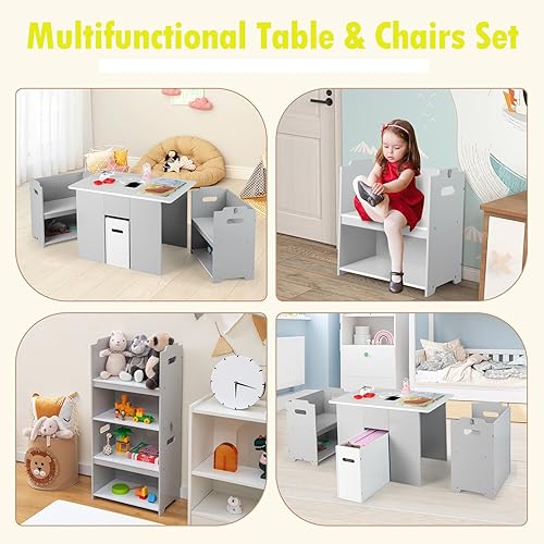 Miniatura 2 de Costzon Juego de mesa y silla para niños, mesa de actividades 4 en 1 y 2 sillas para dibujar, leer, escritorio multiusos para niños con tapa, cubo