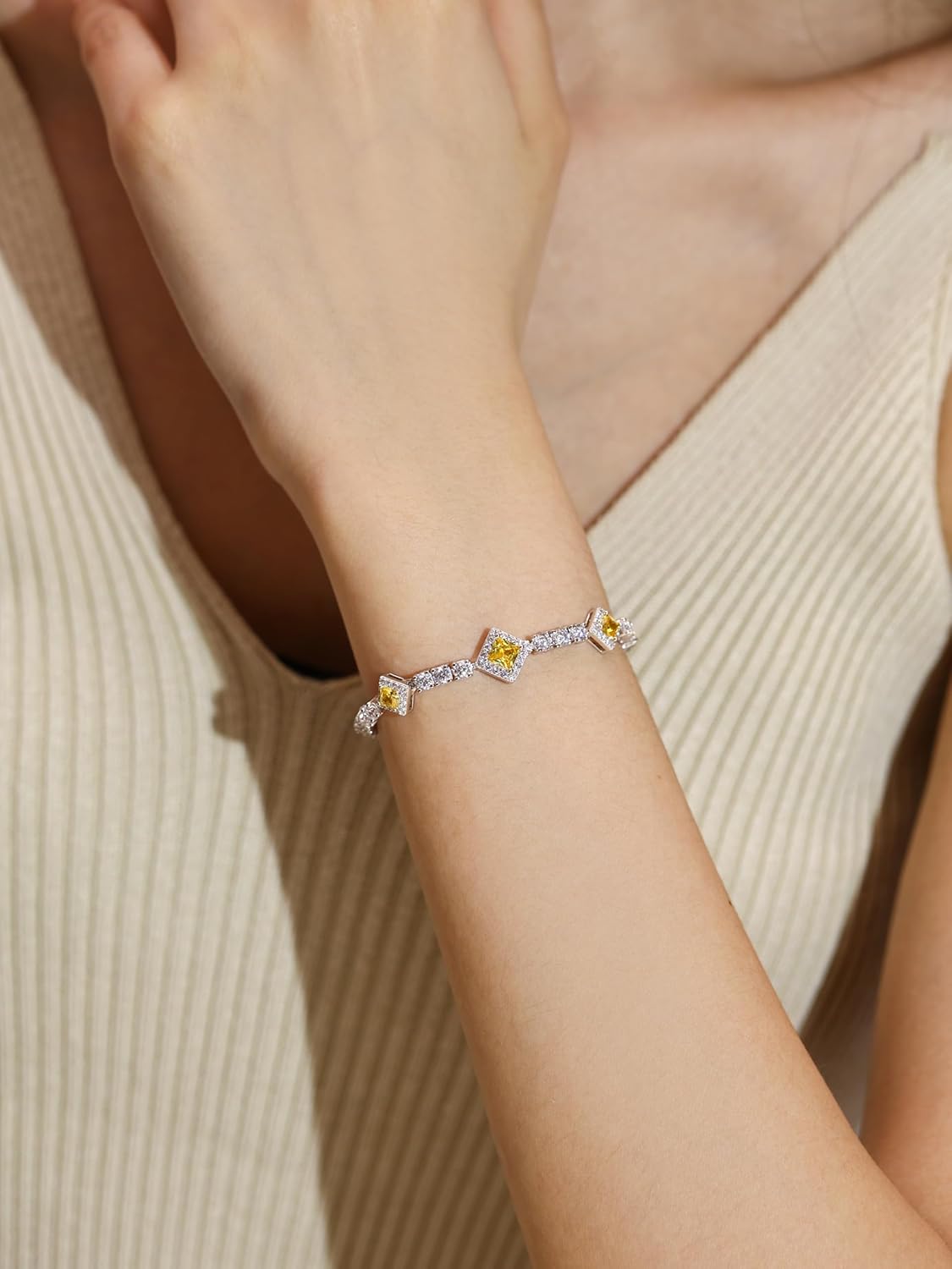 FANCIME Birthstone Bracelets 4mm Sterling Silver Tennis Bracelets Square Gemstone Birthday Fine Christmas Jewelry Gifts for Women 7.2" - Image 3