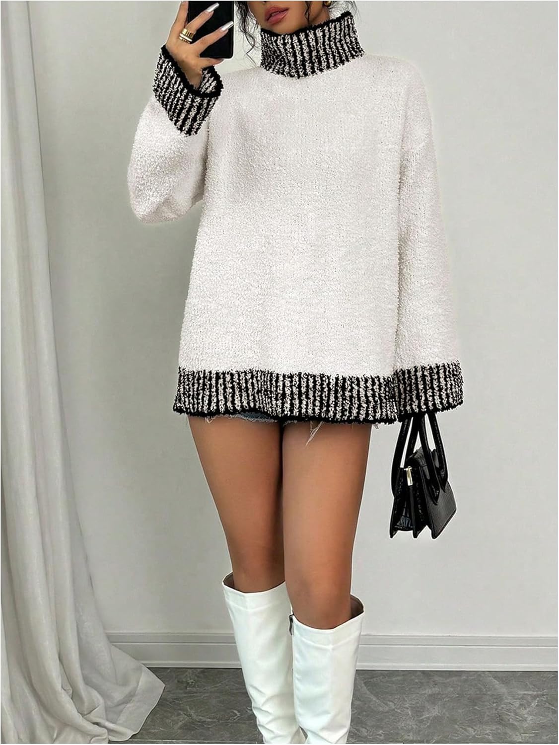 WDIRARA Women's Fuzzy Sherpa High Neck Sweaters Striped Trim Long Sleeve Baggy Knit Tops Pullover Jumper - Image 3