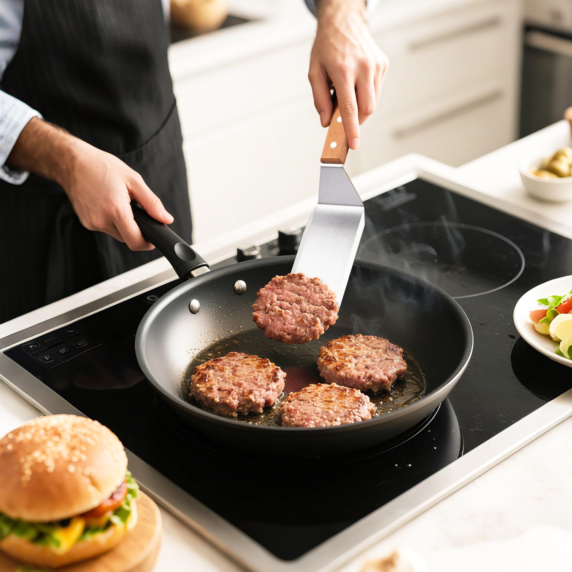 Image secondaire de Spatule en inox avec manche en bois, 11 x 2.7 in, spatule métallique pour cuisine, crêpes, plancha, pizza, et grillades, Spatule