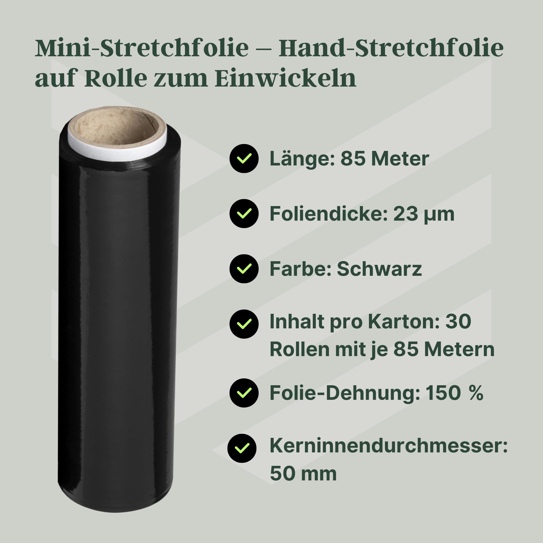 30 Stück Mini Stretchfolie Schwarz 25cm - Ministretchfolie - Mini-Rollen Verpackungsmaterial 85 m - Handfolie ohne Griff - Strechfolienrolle - Schutzfolie für Versandpakete - Wickelfolie