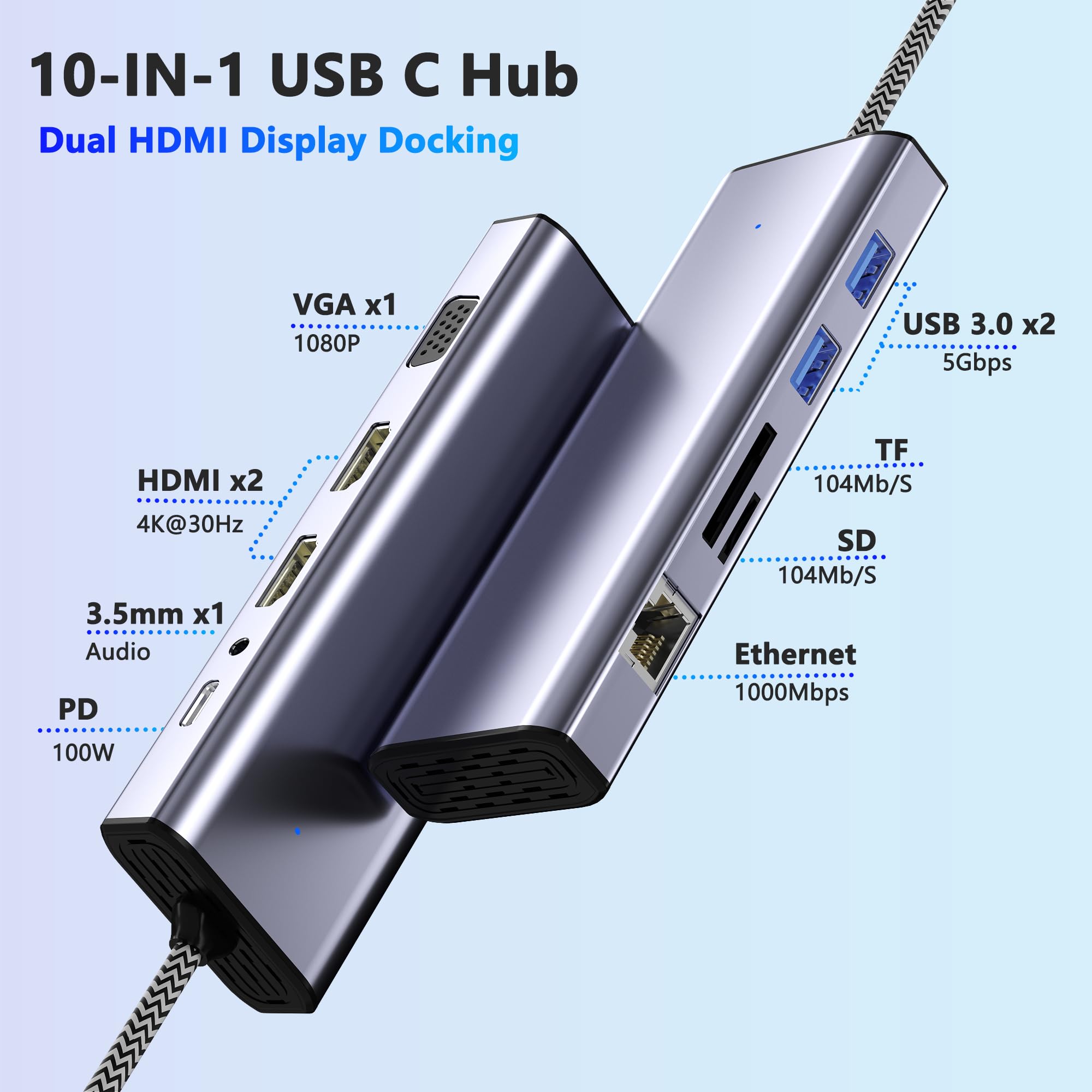 Docking Station Dual Monitor, USB C a Dual HDMI, USB C 10 in 1 Docking Station 3 Monitor con HDMI/VGA/PD/Ethernet/USB/SD/TF/3.5mm Audio