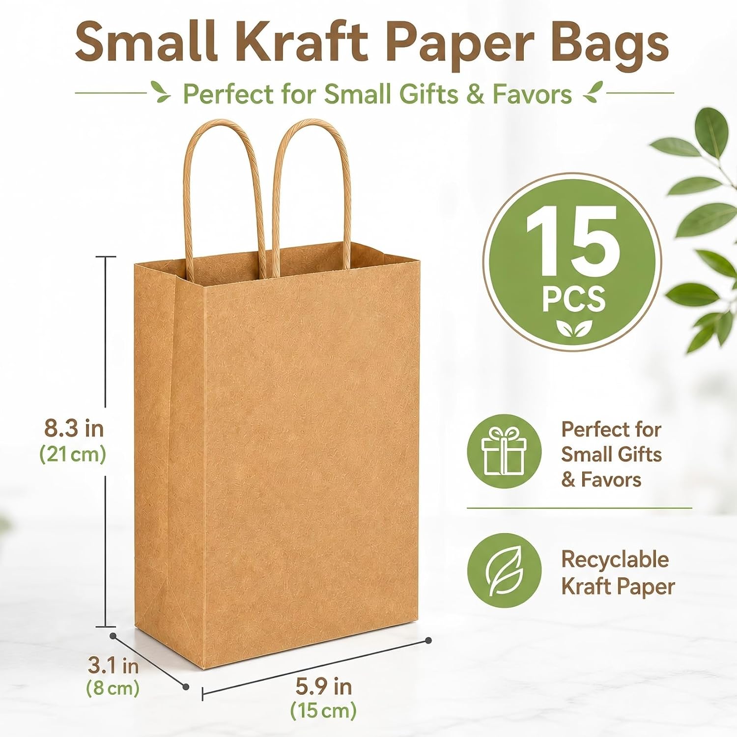 MAQIHAN Small Kraft Bags with Handles - 15 Pcs Small Kraft Paper Bags Brown Bag Paper with Candy Birthday Party Favor Craft Christmas Valentines Shopping Business Bags (5.9x8.3x3.1 in)