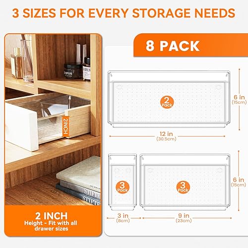 Miniatura 2 de Criusia Paquete de 8 bandejas grandes de plástico transparente para organizadores de cajones, 3 tamaños, de acrílico sin BPA, cajones de baño,