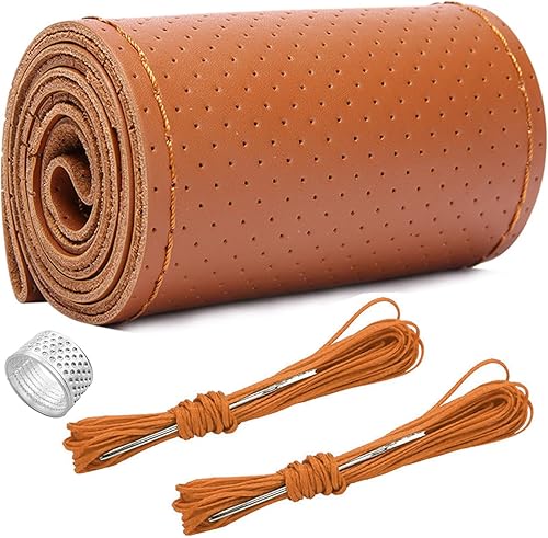 Vista 17 de Ziciner - Funda de cuero genuino para volante, transpirable, antideslizante, protector de volante para un diámetro máximo de 15 pulgadas, para coser