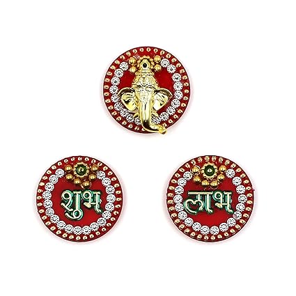 Macsen Acrylic Round Design Shubh Labh and Ganesh Sticker, for Door and Wall Decoration, Diwali Decor Set - 3 Piece (Set of 1)