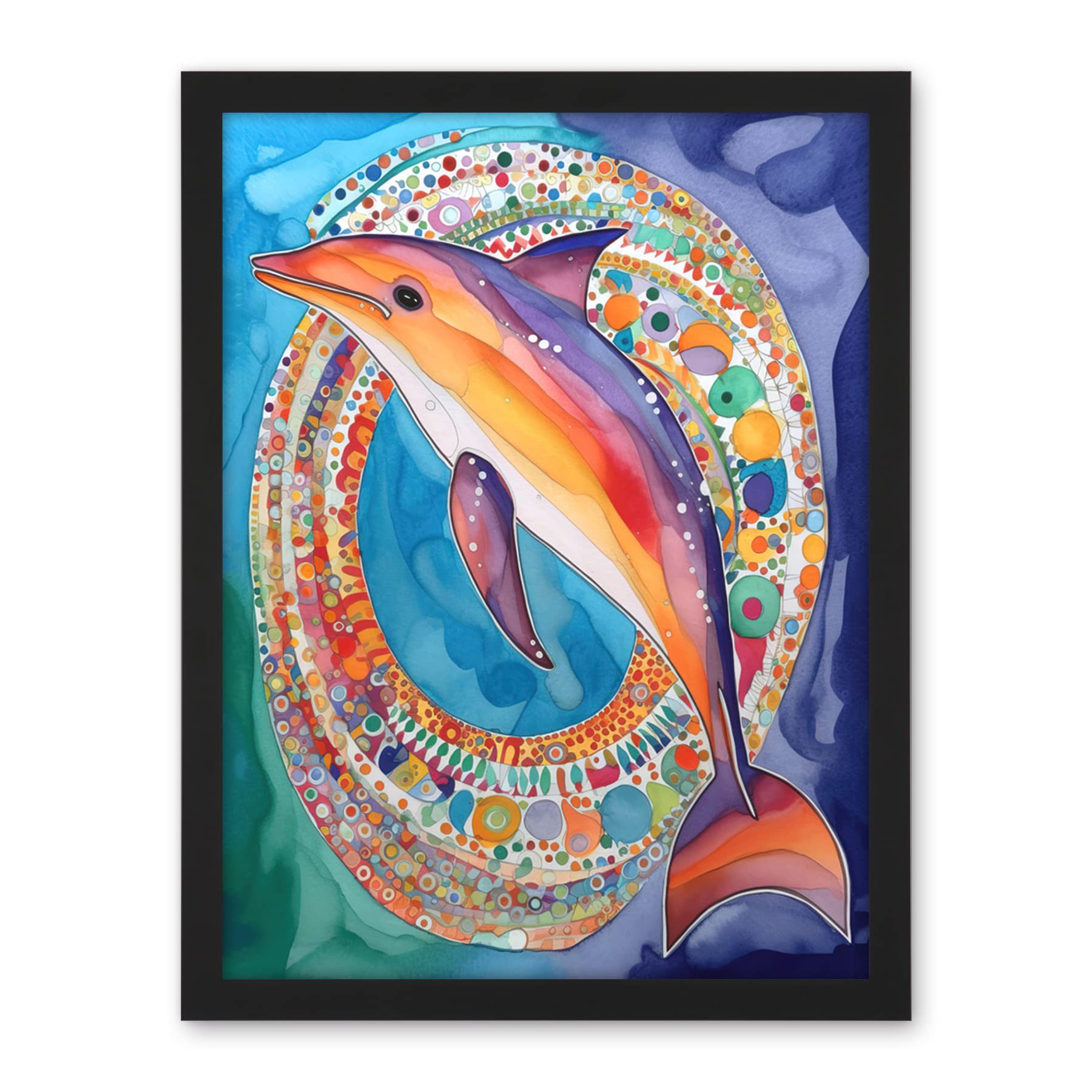 Artery8 Rainbow Dolphin And Pattern Hoop Folk Art Watercolour Painting Artwork Framed Wall Art Print 18X24 Inch