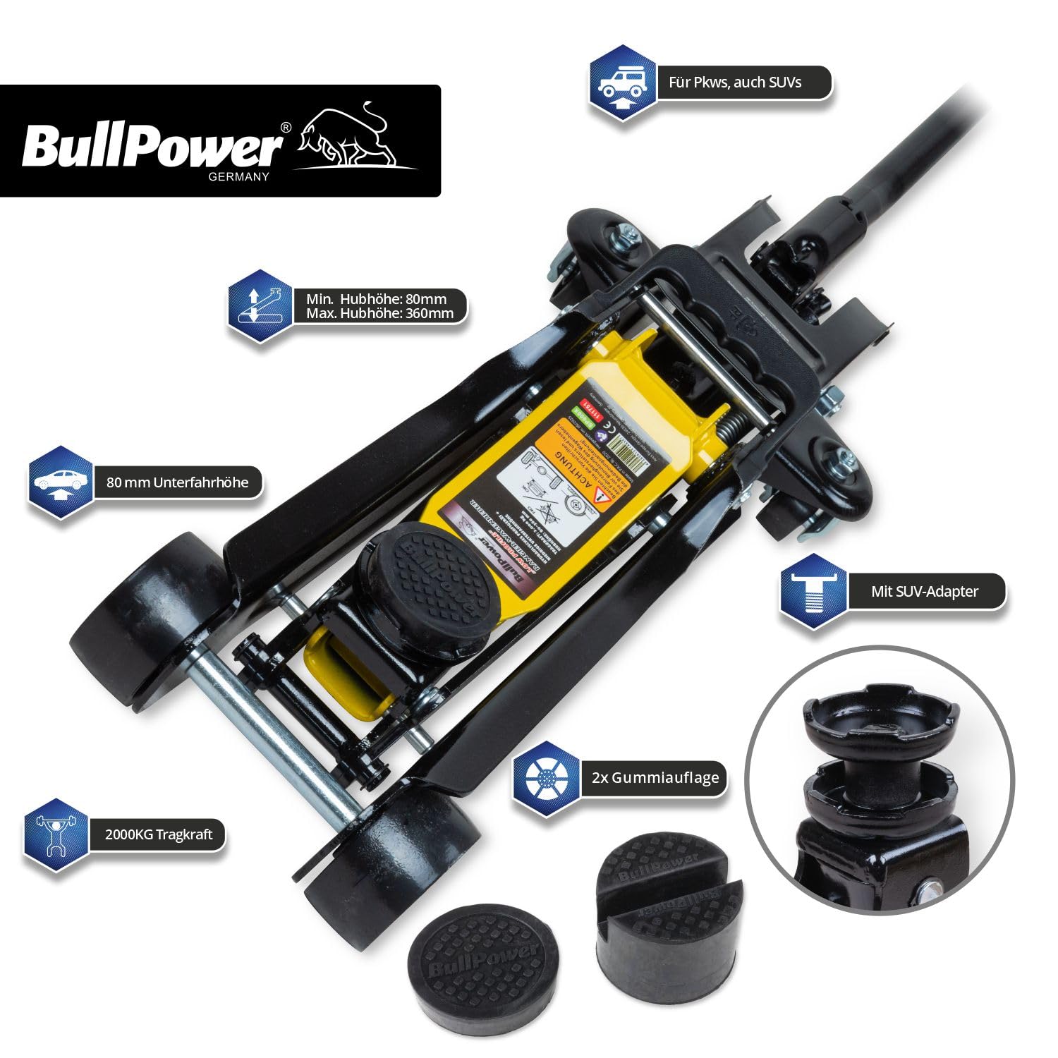 BullPower BP600X Rangierwagenheber - Low Profile Wagenheber, 80-360mm, 2250kg, Racing Wagenheber, Sportwagen, Rennsport mit 35mm-Aufsatz und 2X Gummiauflage