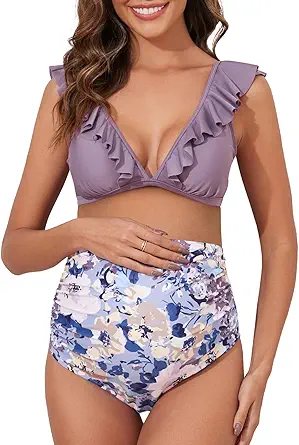 Summer Mae Maternity High Waist Swimsuit Two Piece Ruffle Bikini Bathing Suit Floral V-Neck Pregnancy Swimwear