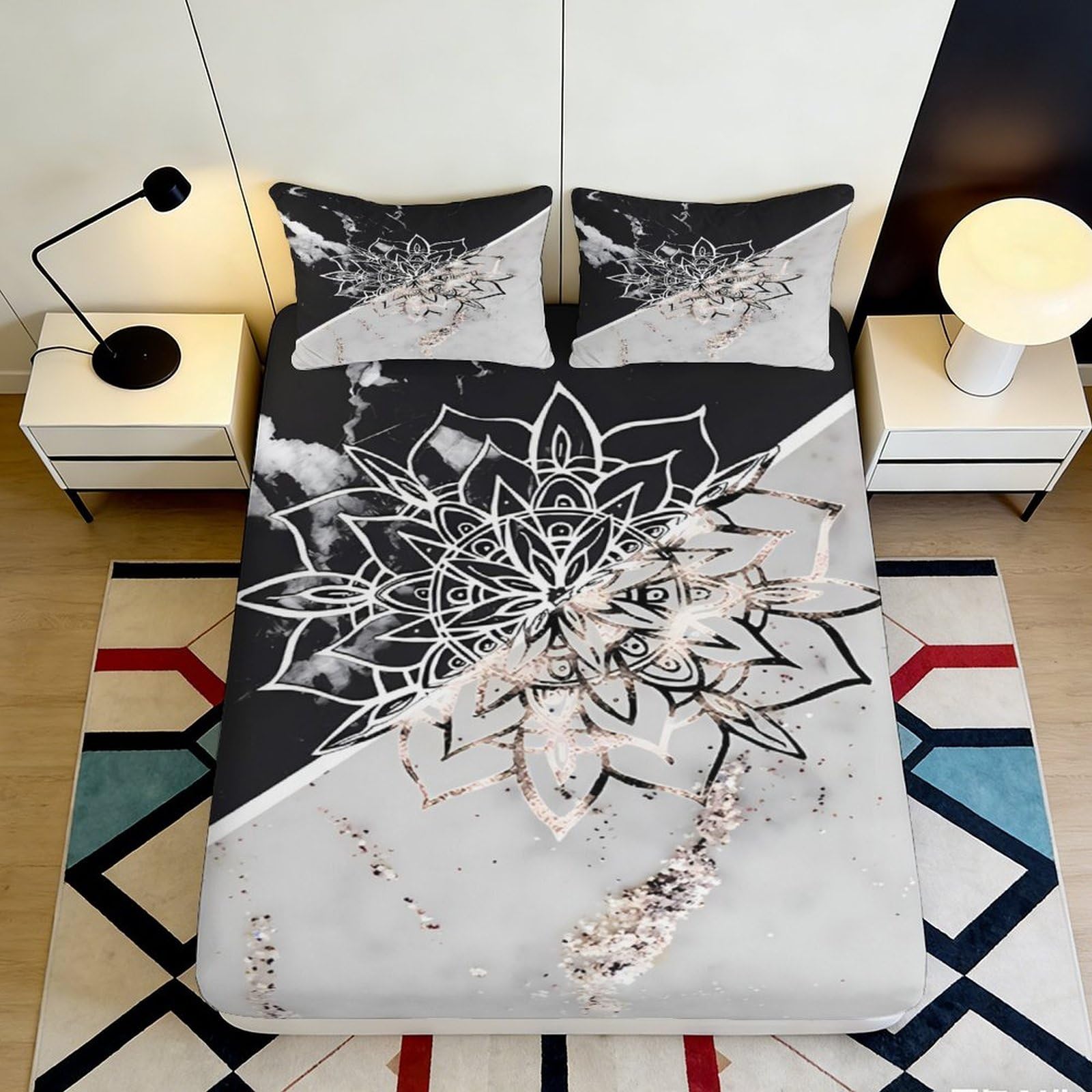 3D Printed Mandala Marble Fitted Sheet Microfiber Soft Black White Abstract Mattress Cover Bedroom Decor 160x200x25cm