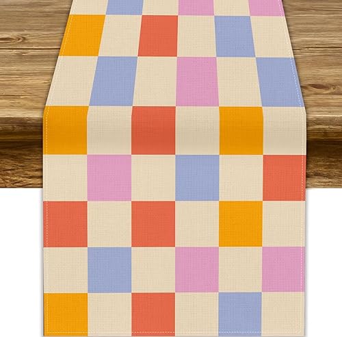 Miniatura 43 de Camino de mesa ondulado de los años 70, retro, hippie abstracto, vintage, verde, rosa, con estampado de ondas para el hogar, cocina, comedor, patio,