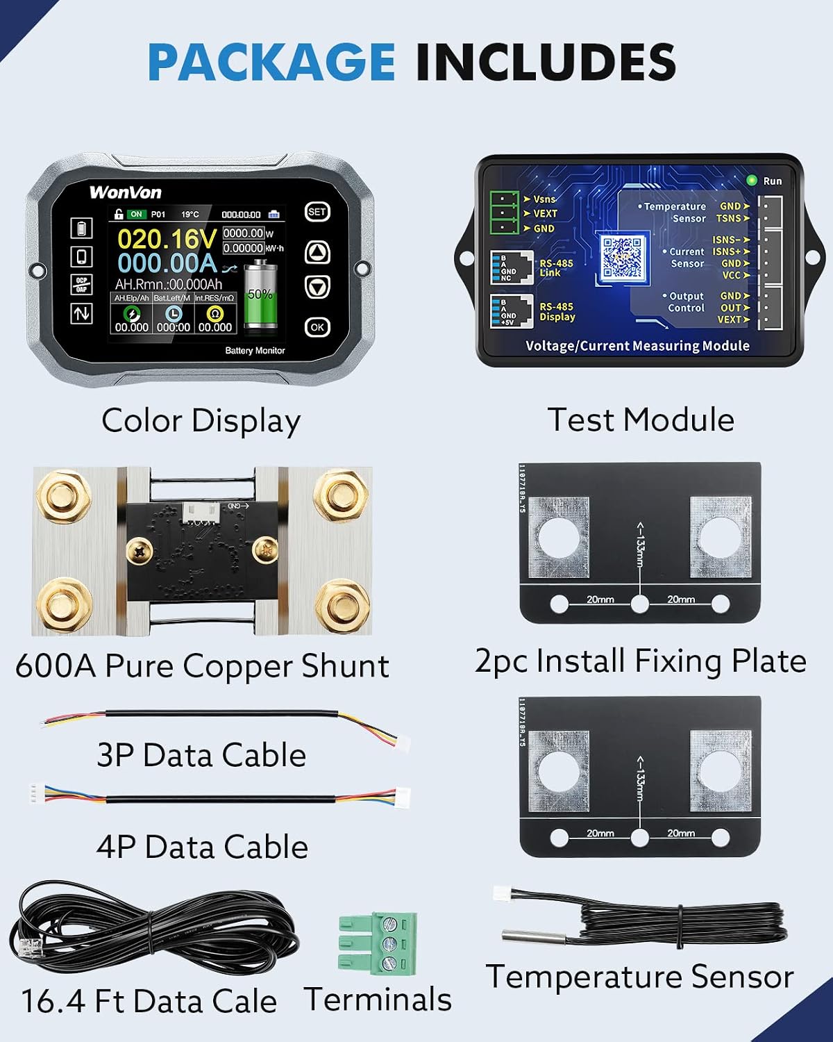 Contents of the WonVon Battery Monitor package including color display, test module, 600A pure copper shunt, 2pc install fixing plate, 3P data cable, 4P data cable, 16.4 ft data cable, terminals, and temperature sensor.