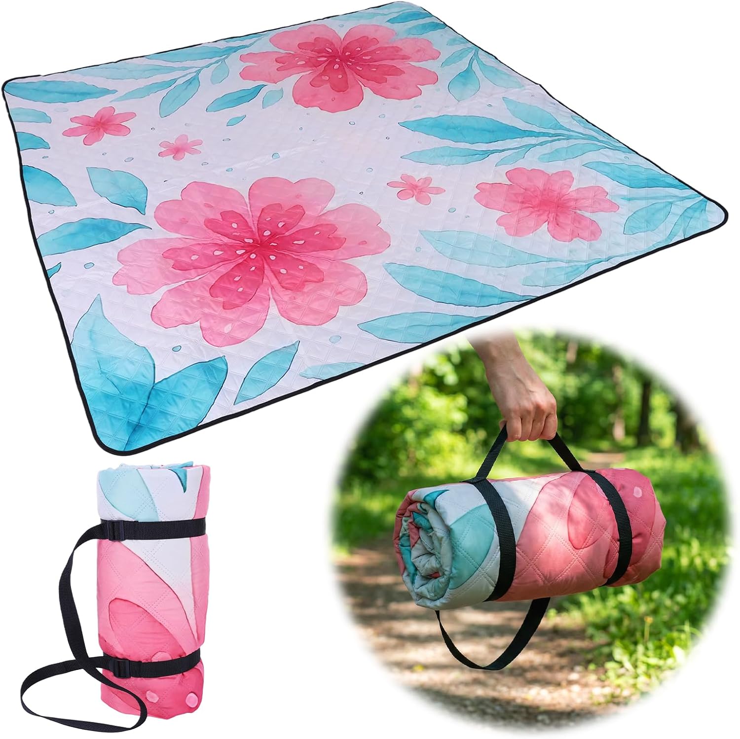 Water Proof Soft Cute Picnic Blankets Washable Outdoor Picnic Mats with Carry Strap Portable Blanket Sand Free for Camping Beach Blankets Party Park Accessories (Green)