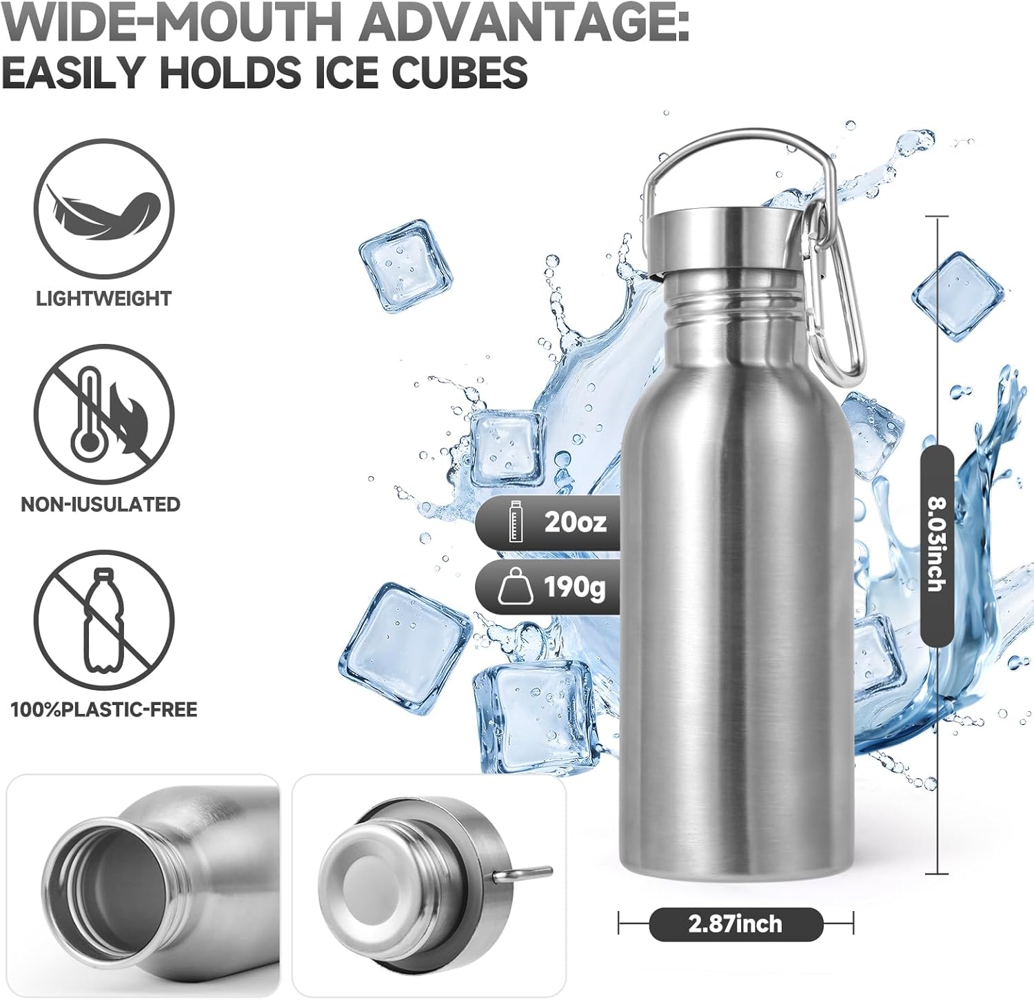 Volhoply 20oz Uninsulated Single Walled Water Bottles 4 Pack, Stainless Steel Reusable Water Bottle with Handle & Carabiner, BPA Free 18/8 304 Sports Water Bottles for Camping Hiking（Mix,4）