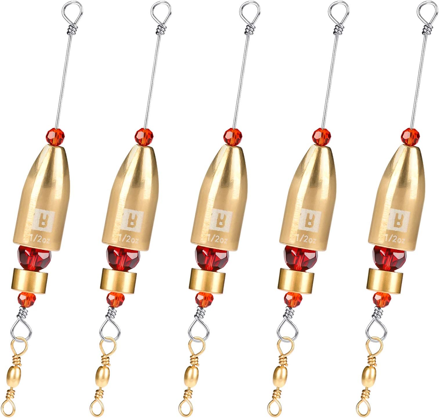 CRR Carolina Ready Rigs for Bass Fishing Saltwater, 5pcs Brass Pre Rigged Carolina Rigs Kit, Fishing Weights Bullet Weights Carolina Keeper, 4 Sizes 1/4oz 1/2oz 3/4oz 1oz