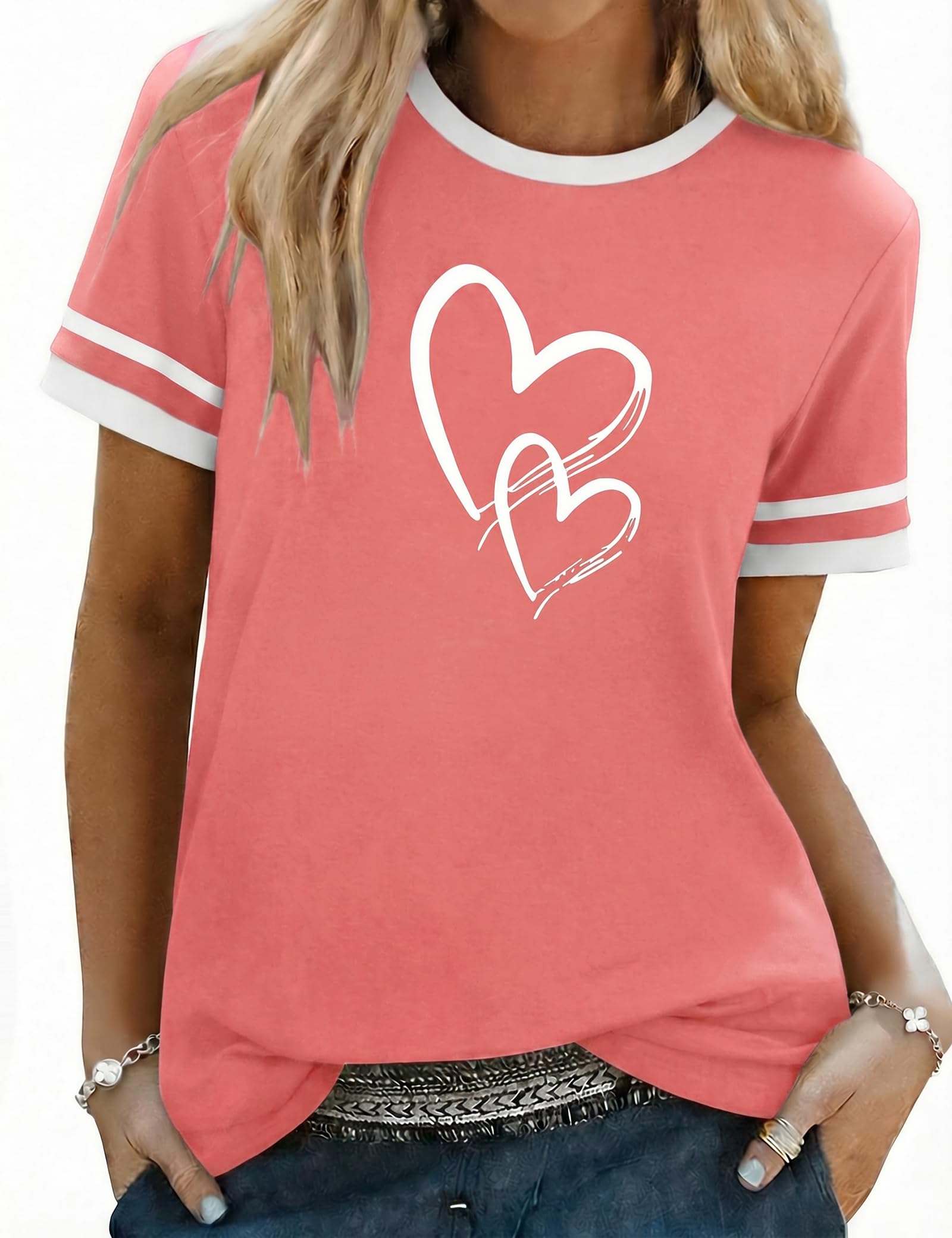Aottori T-Shirt Damen Baumwolle Rundhals Kurzarm Oberteil Sommer Basic mit Herzen Print Tee Shirts Frauen Stretch Oversize Top Casual