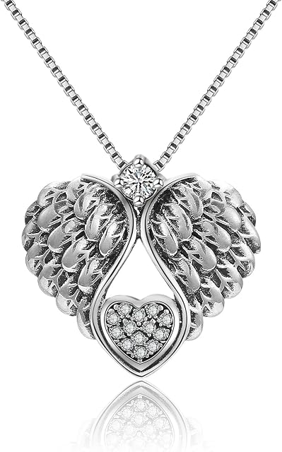 925 Sterling Silver Heart Necklaces for Women,Zirconia Guardian Angel Wing Pendant Necklace Chain Jewellery Gifts For Women Girls Mum Daughter