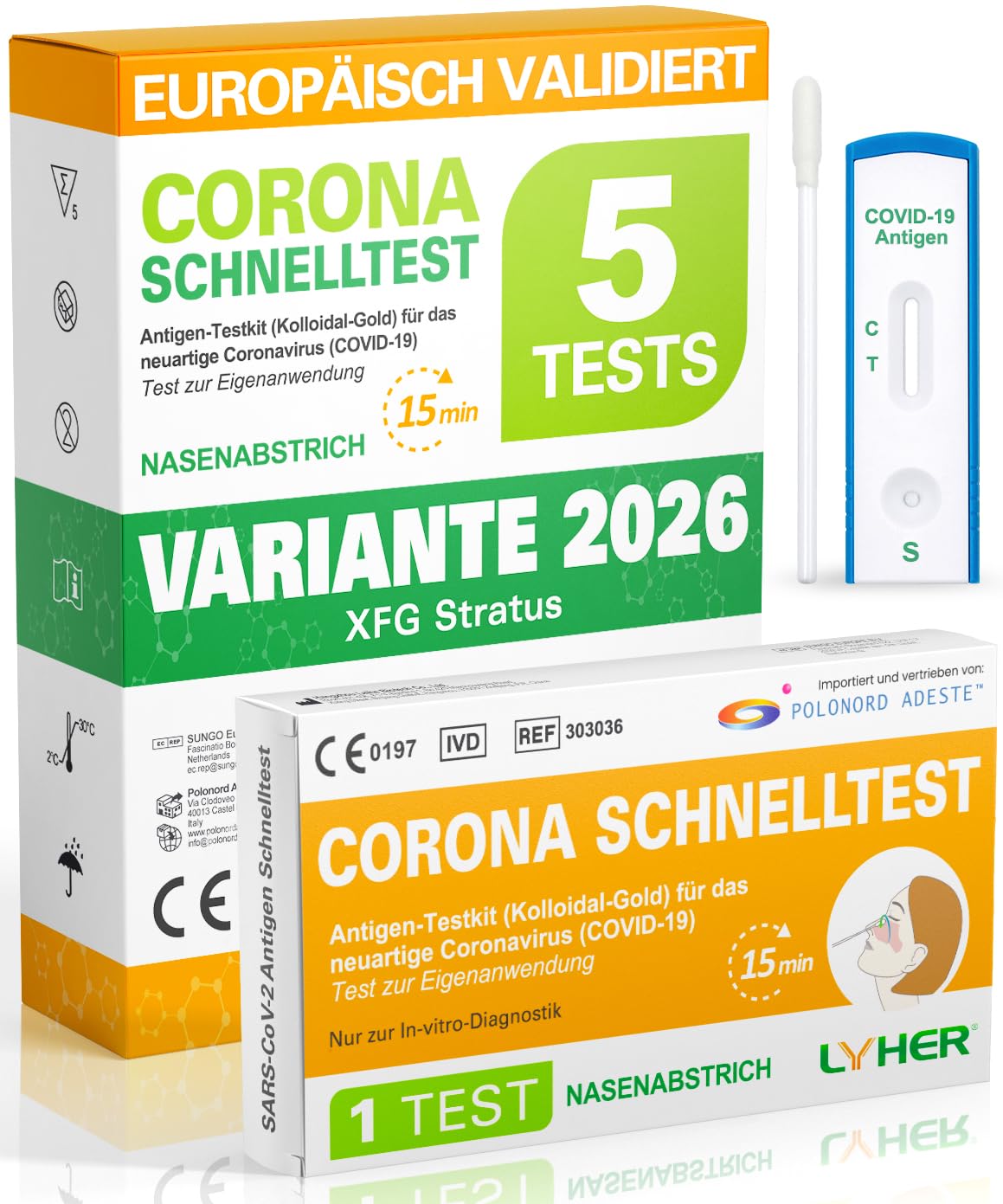 Lyher – NEUE Variante 5 x 1er Corona Schnelltest für Zuhause COVID 19 Antigen Rapid Test Swab Selbsttest. Geprüft für neuen 2026-Varianten. Sensibilität 100% bei hoher Viruslast