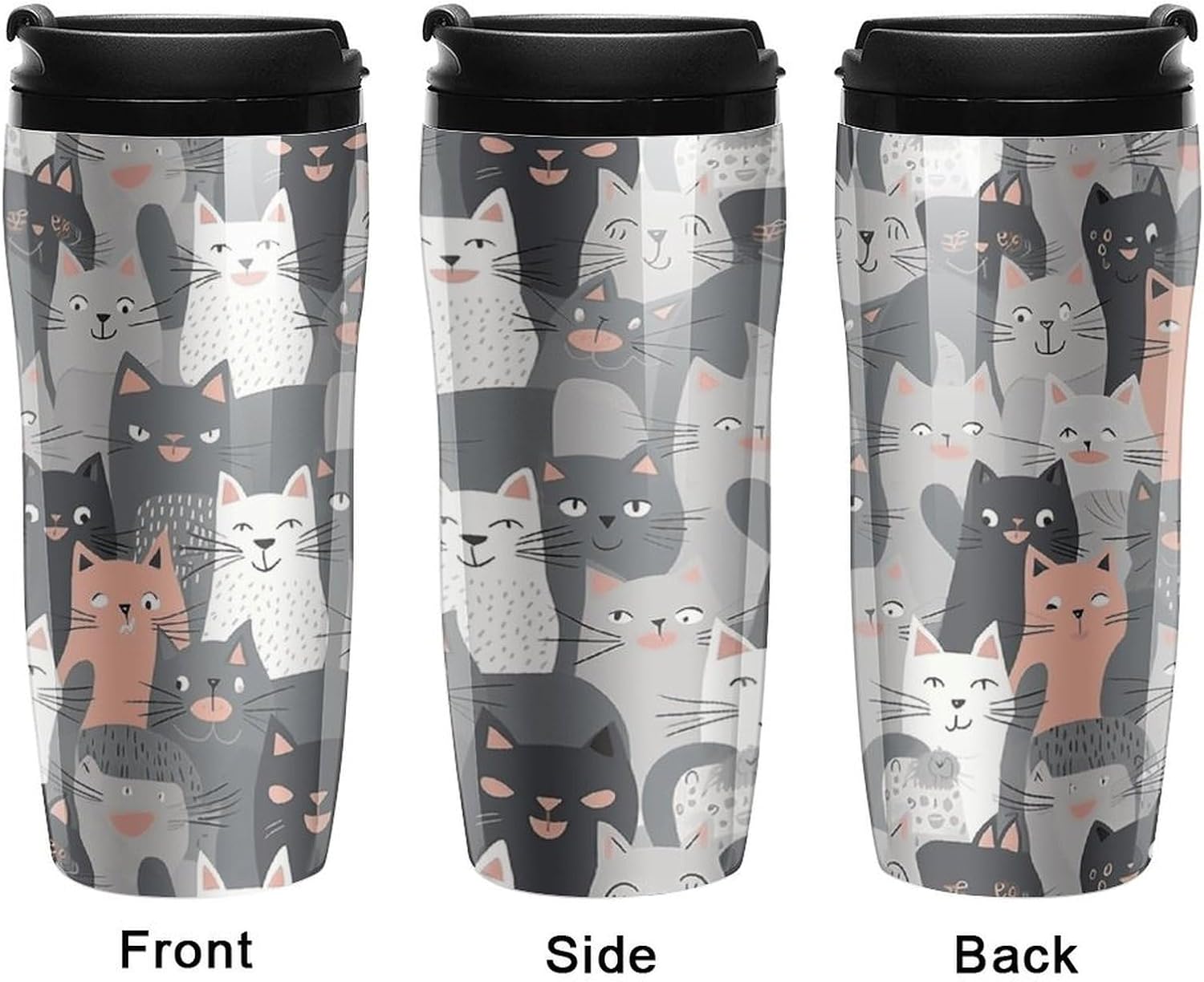 Cute Funny Grey Cats Pattern Coffee Cup Reusable Portable Water Bottle with Double-Walled Plastic,Coffee Mug for Hot & Cold Drinks, Cup Holder Friendly 350ml