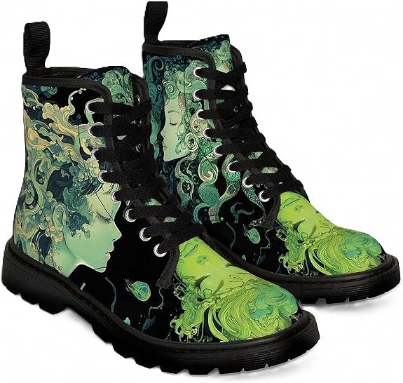 Women Printed Ankle Boots with Jellyfish Girl Skull Mushroom Ocean Natural Scenery Stylish Platform Lace-up Leather Combat Booties Casual Everyday Party Halloween Christmas