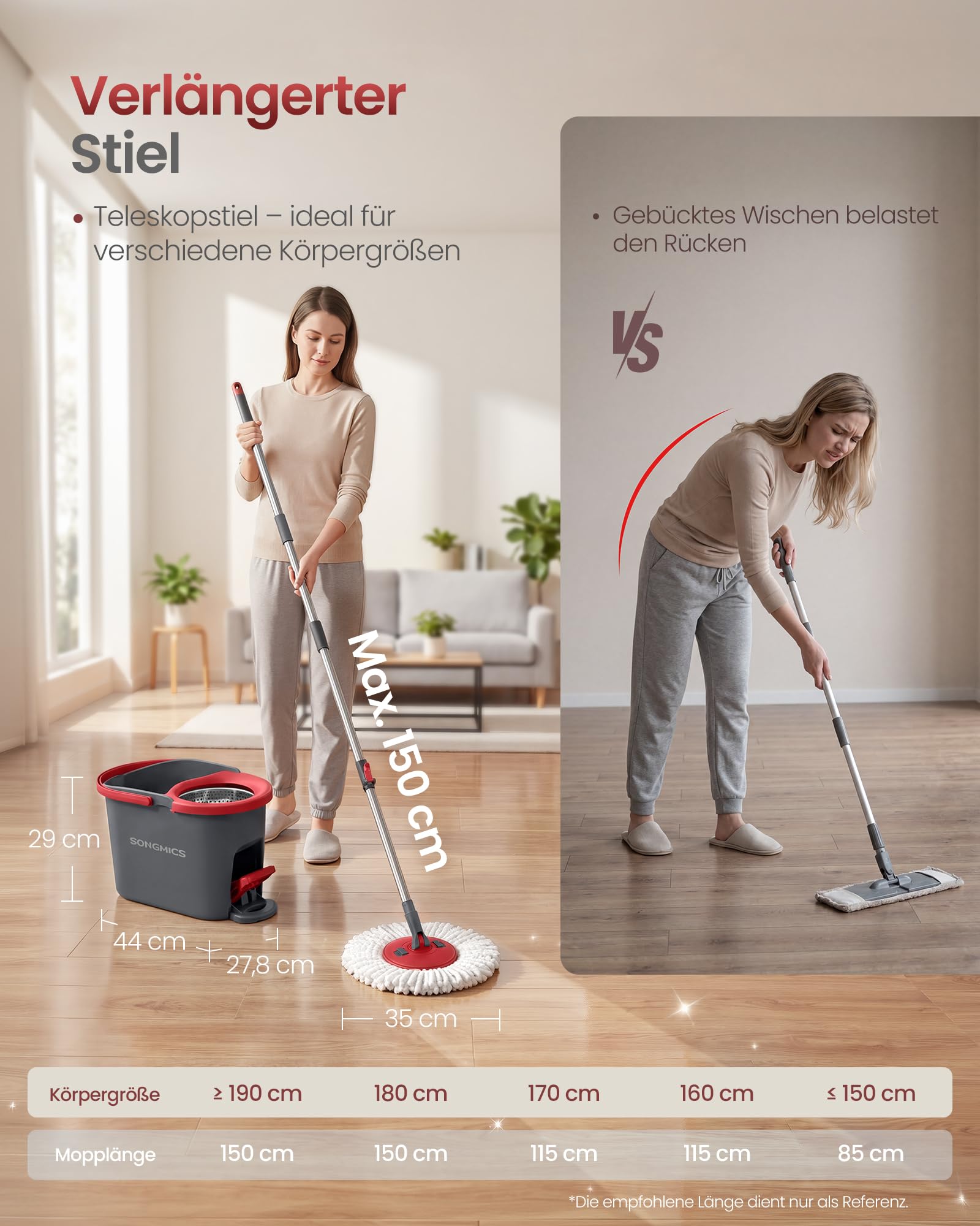 SONGMICS Wischmopp-Set mit Eimer, Bodenwischer mit Schleuder, Putzeimer mit Pedal und Auswringfunktion, Teleskopstiel 122,5-150 cm, 360°-Drehkopf, 3 Mikrofaserbezüge, grau-rot LMB002GT03