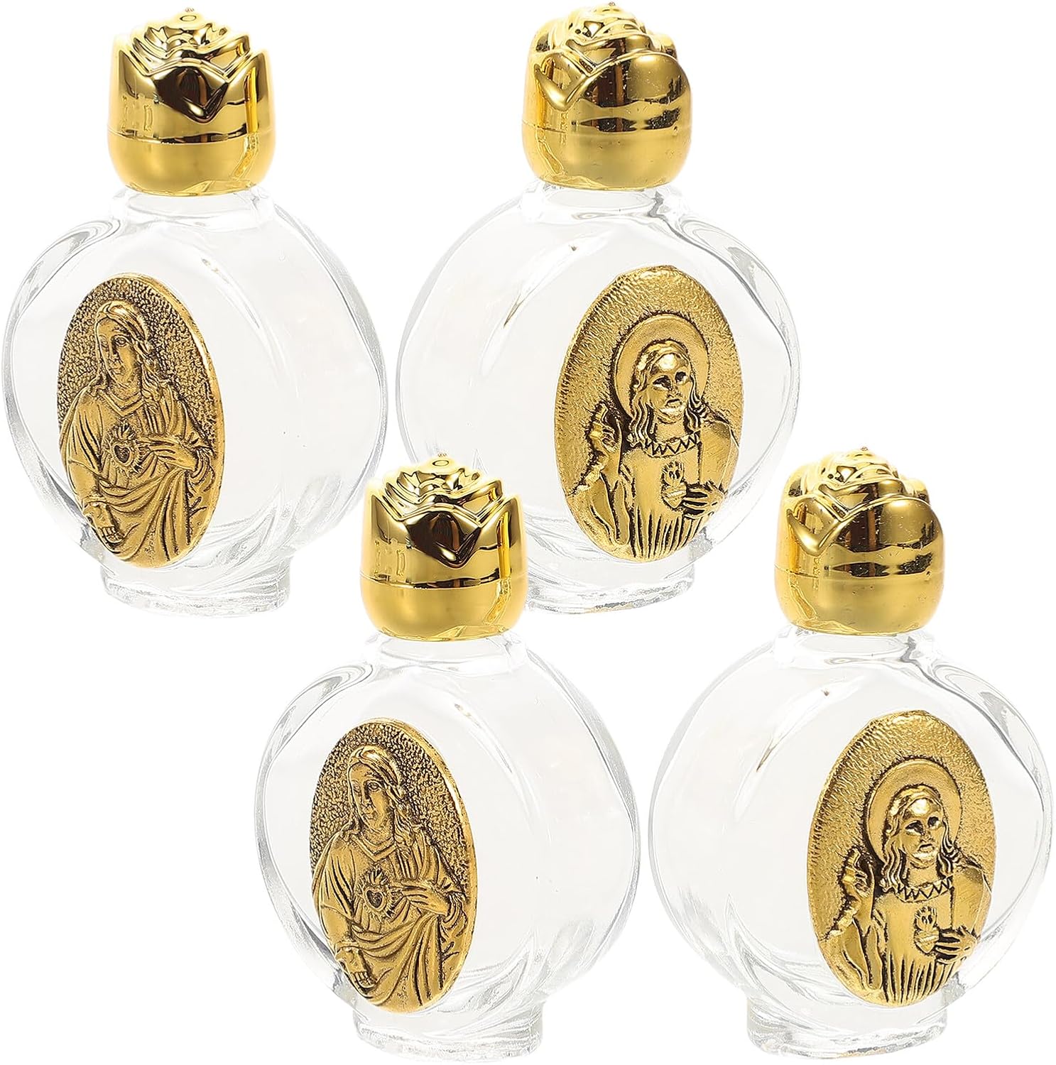 Veemoon 4pcs Religious Holy Water Bottles Set, Portable Glass Embossed Rose Design, Mini Decorative Baptism and Perfume Storage Jars for Catholic Ceremony and Wedding