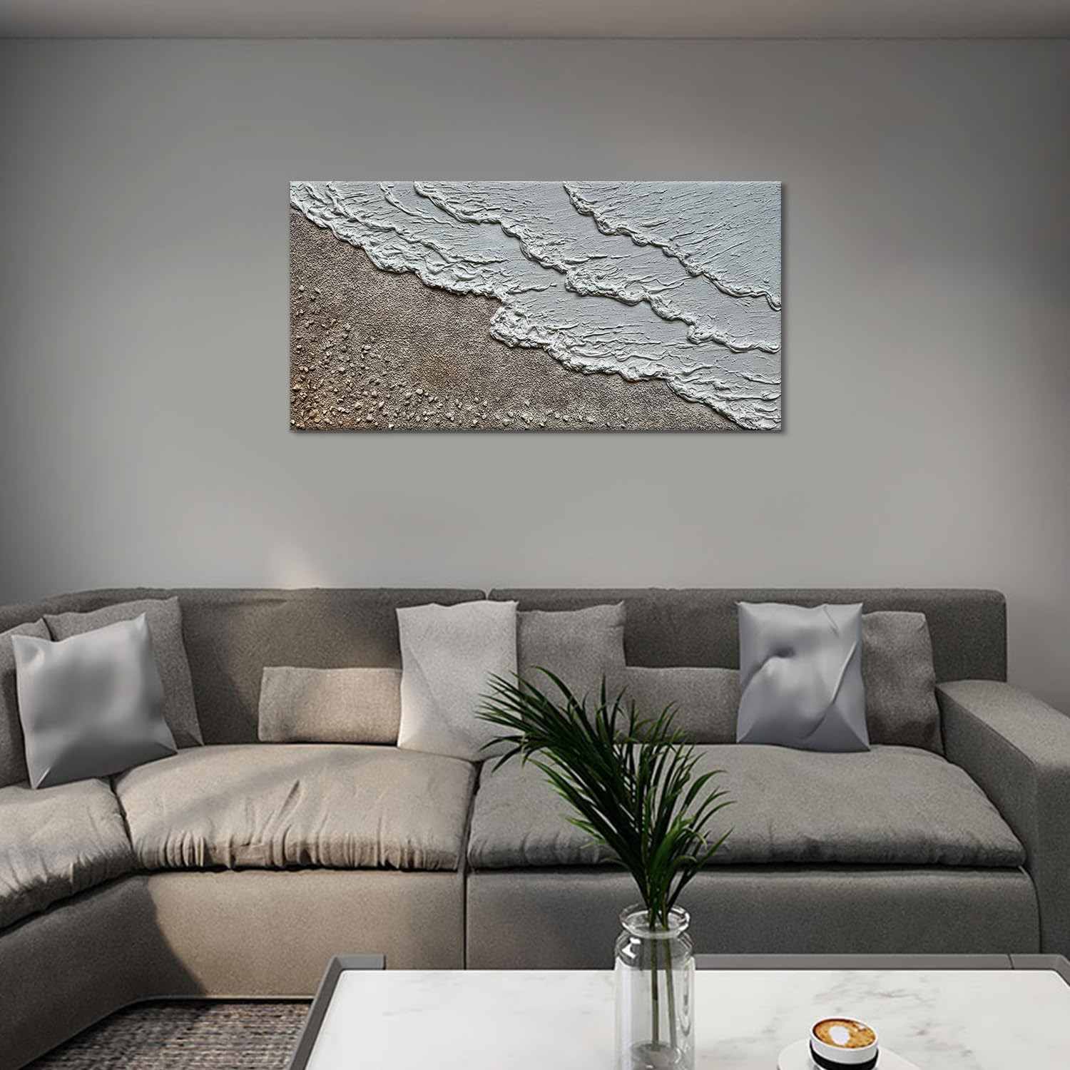 Oil Painting Hand-Painted Thick Texture Wave Beach Minimalist Modern Abstract Canvas Art Warm Acrylic Painting 20x40 Inches Home Office Wall Decoration