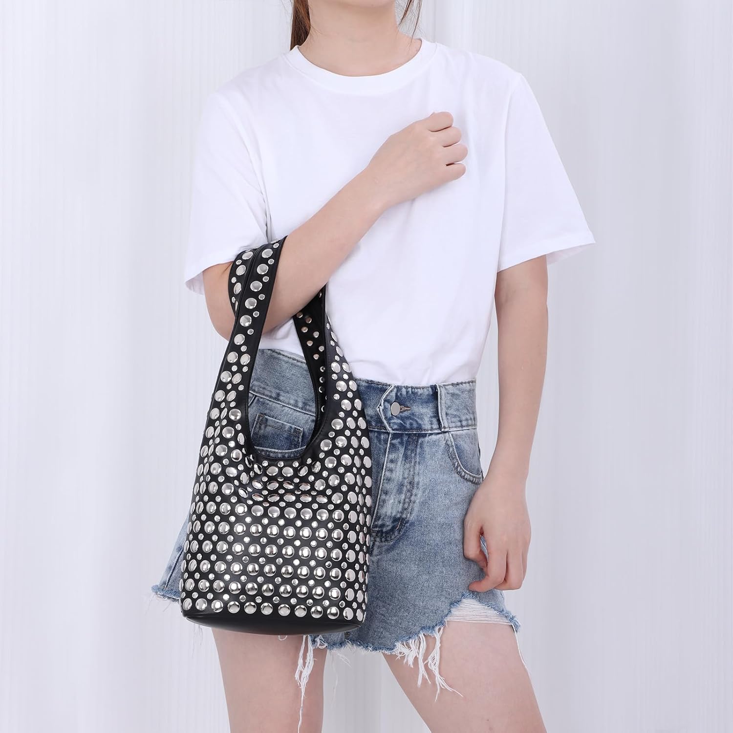 GOKTOW Trendy Y2K Studded Vegan Leather Tote Bag - Rivets Bucket Shoulder Handbag for Daily & Party
