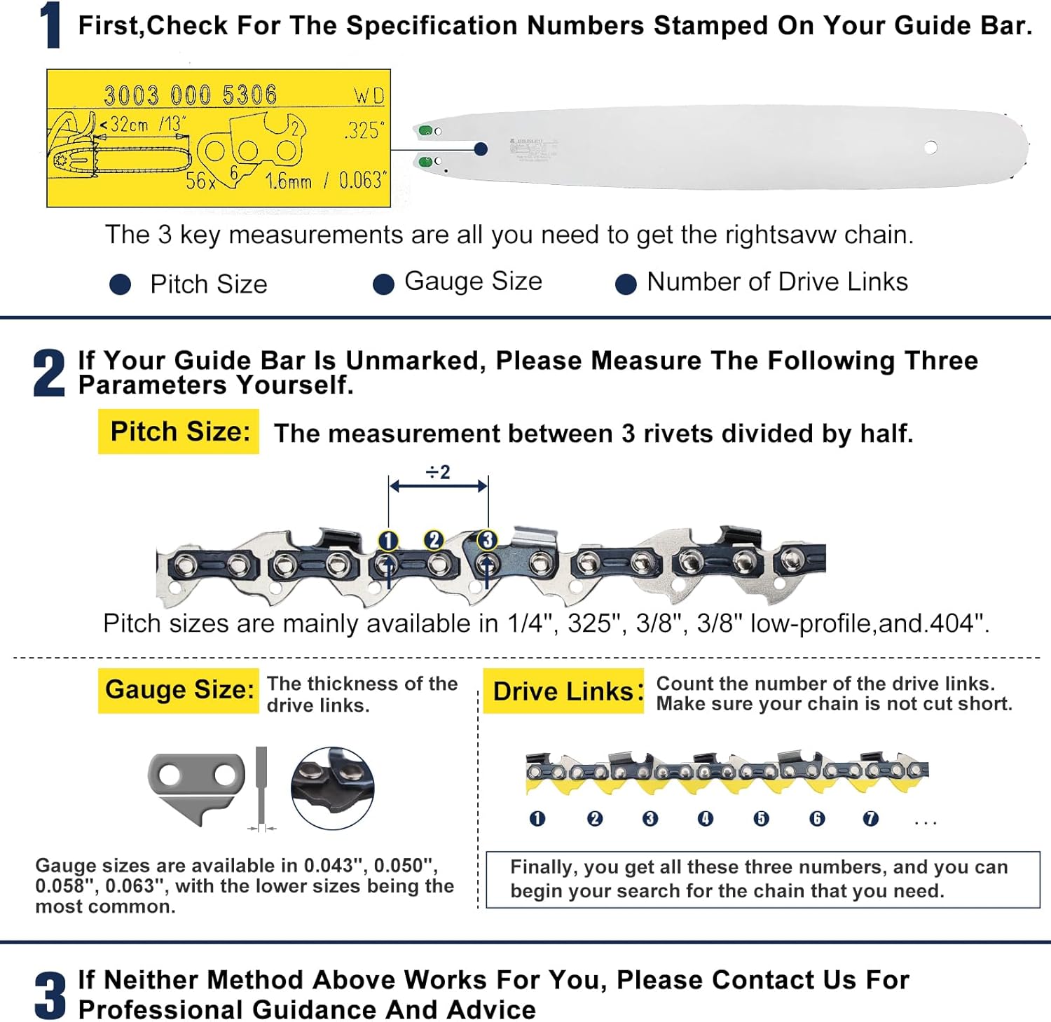 16 Inch Chainsaw Chain 3-Pack with Sharpening Kit, 0.325" Pitch .050" Gauge 66 Drive Links, Replacement for Husqvarna 430 435 445, Oregon 95TXL066G - M66