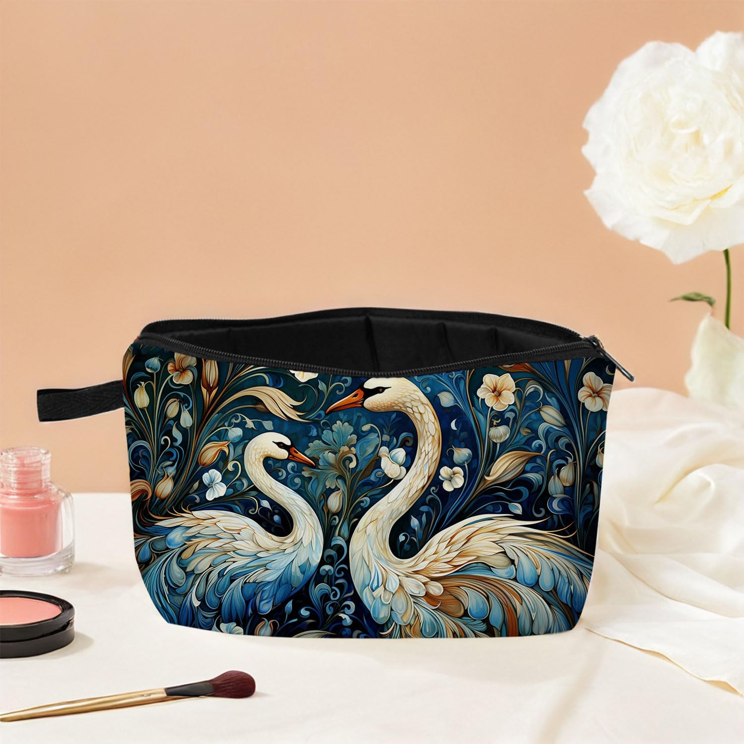 Swan & Floral Print Cosmetic Bag Nature Gift for Birthdays & Holidays Zippered Garden Organizer Travel Makeup Bag image 4