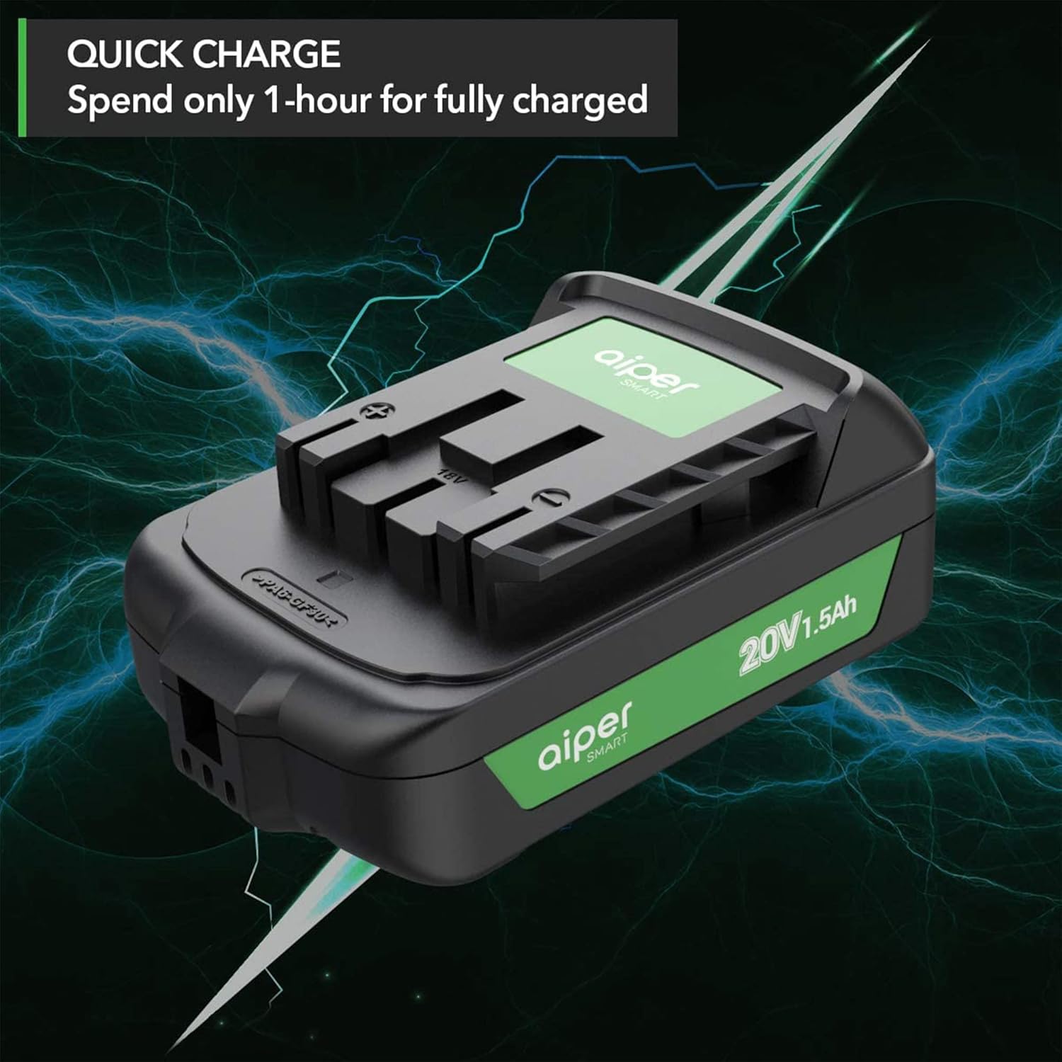 AIPER 20V 1.5Ah battery on a quick charger, indicating fast charging